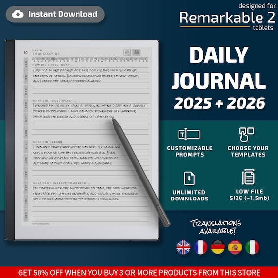 Daily Journal for Remarkable tablets, eInk templates, hyperlinked PDF, calendar, agenda