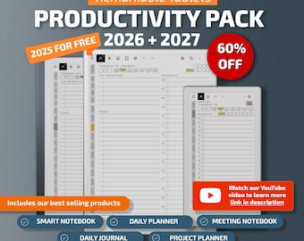 Templates for Remarkable Paper Pro, Remarkable 2 and Paper Pro Move: planner, journal, meetings, notebook, projects, calendar, to do list