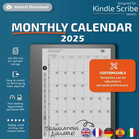 Monthly Calendar for Kindle Scribe tablets, eInk templates, hyperlinked PDF, calendar, agenda