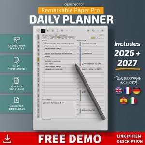 Peut inclure: Un agenda numérique quotidien pour Remarkable Paper Pro avec une liste de tâches, un emploi du temps et une section rappels. L'interface comprend des onglets de navigation, un stylet et le texte indiquant les années 2026 et 2027 incluses.