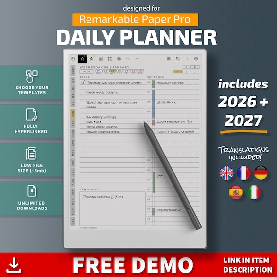 Daily Planner for Remarkable Paper Pro tablets, eInk templates, hyperlinked PDF, calendar, agenda