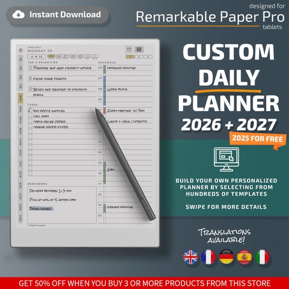 Daily Planner for Remarkable Paper Pro tablets, eInk templates, hyperlinked PDF, calendar, agenda
