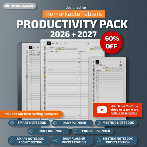 Templates for Remarkable Paper Pro, Remarkable 2 and Paper Pro Move: planner, journal, meetings, notebook, projects, calendar, to do list