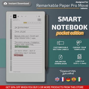 Puede incluir: Una tableta blanca con un lápiz óptico, que muestra notas manuscritas sobre una cita médica. El texto en la tableta dice "Smart Notebook pocket edition". El texto adicional incluye "Descarga instantánea" y "tabletas Remarkable Paper Pro Move."