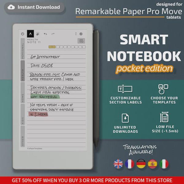 Smart Notebook for Remarkable Paper Pro Move tablets, eInk templates, hyperlinked PDF, to do lists, cornell