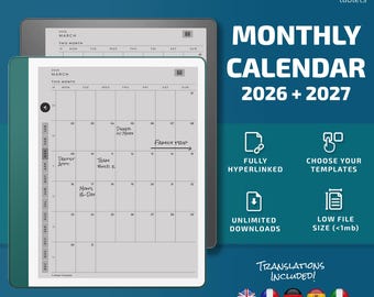 Monthly Calendar for Kindle Scribe tablets, eInk templates, hyperlinked PDF, calendar, agenda