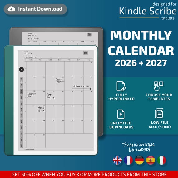 Monthly Calendar for Kindle Scribe tablets, eInk templates, hyperlinked PDF, calendar, agenda
