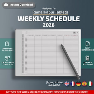 Horario semanal para tabletas Paper Pro, plantillas eInk, PDF con hipervínculos, calendario y agenda.