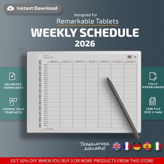 Weekly Schedule for Paper Pro Tablets, eInk templates, hyperlinked PDF, calendar, agenda