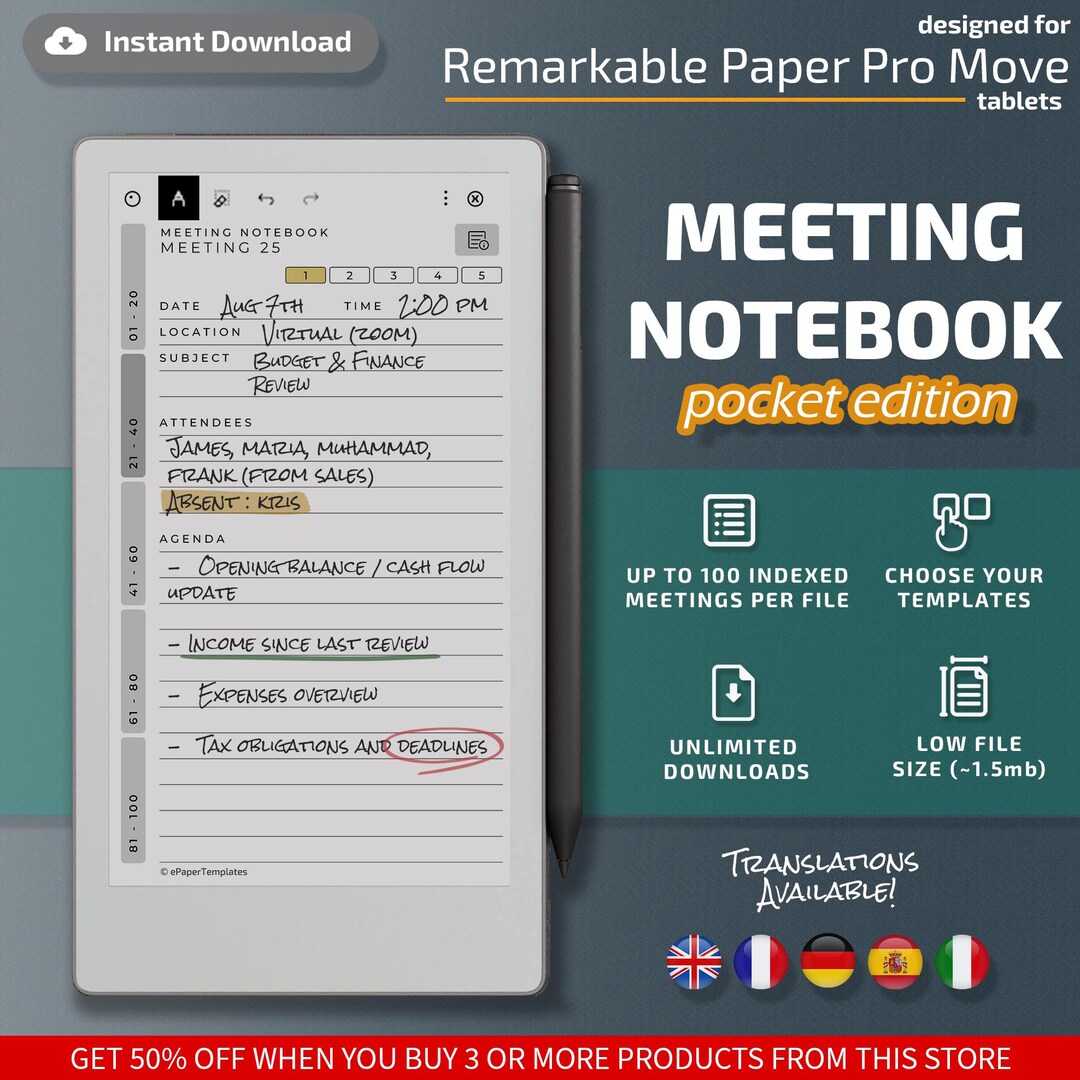 Meeting Notebook for Remarkable Paper Pro Move Tablets, Eink Templates ...