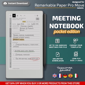 Op de afbeelding: Een digitale tablet met een notitieboek voor vergaderingen met handgeschreven notities, inclusief datum, tijd, locatie en onderwerp. De tekst "MEETING NOTEBOOK pocket edition" wordt weergegeven. Een stylus ligt naast de tablet. De afbeelding bevat ook pictogrammen en tekst.