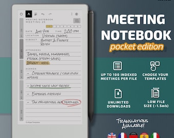 Meeting Notizbuch für Remarkable Paper Pro Move Tabletts, eInk Templates, verlinktes PDF, Meeting Minutenbuch