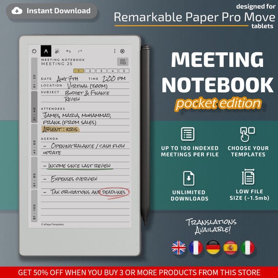 Meeting Notebook for Remarkable Paper Pro Move tablets, eInk templates, hyperlinked PDF, meeting minutes