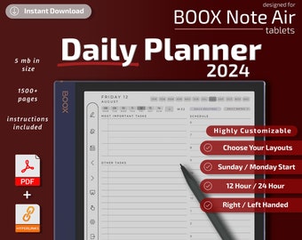 Plantillas BOOX Note Air, Planificador diario, 2024, Descarga instantánea