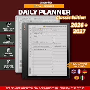 Puede incluir: Un planificador diario digital para tabletas Boox, edición clásica para 2026 y 2027. La interfaz cuenta con un calendario, horario y lista de tareas con navegación mediante hipervínculos. El texto incluye 'designed for Boox Tablets', 'DAILY PLANNER'.