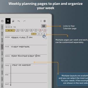 May include: A digital planner interface displaying weekly planning pages. The screen shows a calendar layout with the text "Weekly planning pages to plan and organize your week." The interface includes options for customization and multiple layouts.