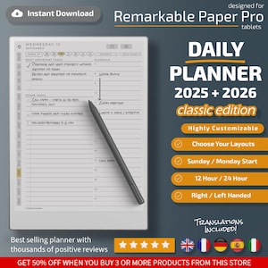 Daily Planner for Remarkable Paper Pro Classic Edition, Templates for Remarkable Paper Pro