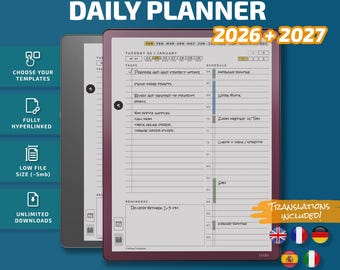 Puede incluir: Un planificador diario digital para tabletas Kindle Scribe que cubre 2026 y 2027. La interfaz muestra una lista de tareas, un horario y una sección de recordatorios. Incluye navegación con hipervínculos, tamaño de archivo reducido y traducciones.