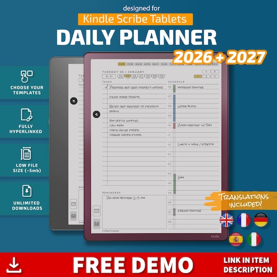 Daily Planner for Kindle Scribe tablets, eInk templates, hyperlinked PDF, calendar, agenda