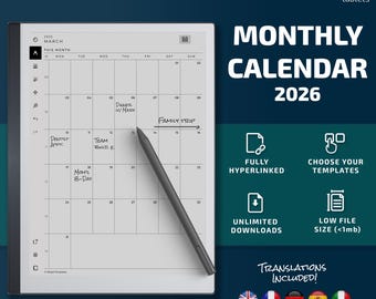 Monthly Calendar for Remarkable tablets, eInk templates, hyperlinked PDF, calendar, agenda