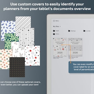 May include: A digital tablet displays planner covers with various patterns, including leaves, stripes, and geometric shapes. The text reads, "Use custom covers to easily identify your planners." The image also shows planner options for 2025 and 2026.