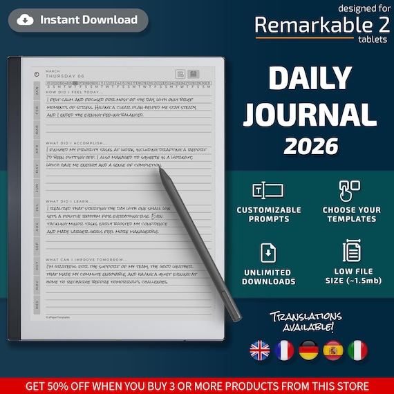 Daily Journal for Remarkable tablets, eInk templates, hyperlinked PDF, calendar, agenda