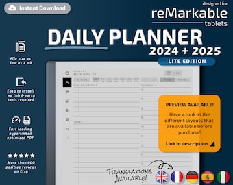 reMarkable 2 Daily Planner Lite Edition, 2024, 2025, remarkable templates, calendar