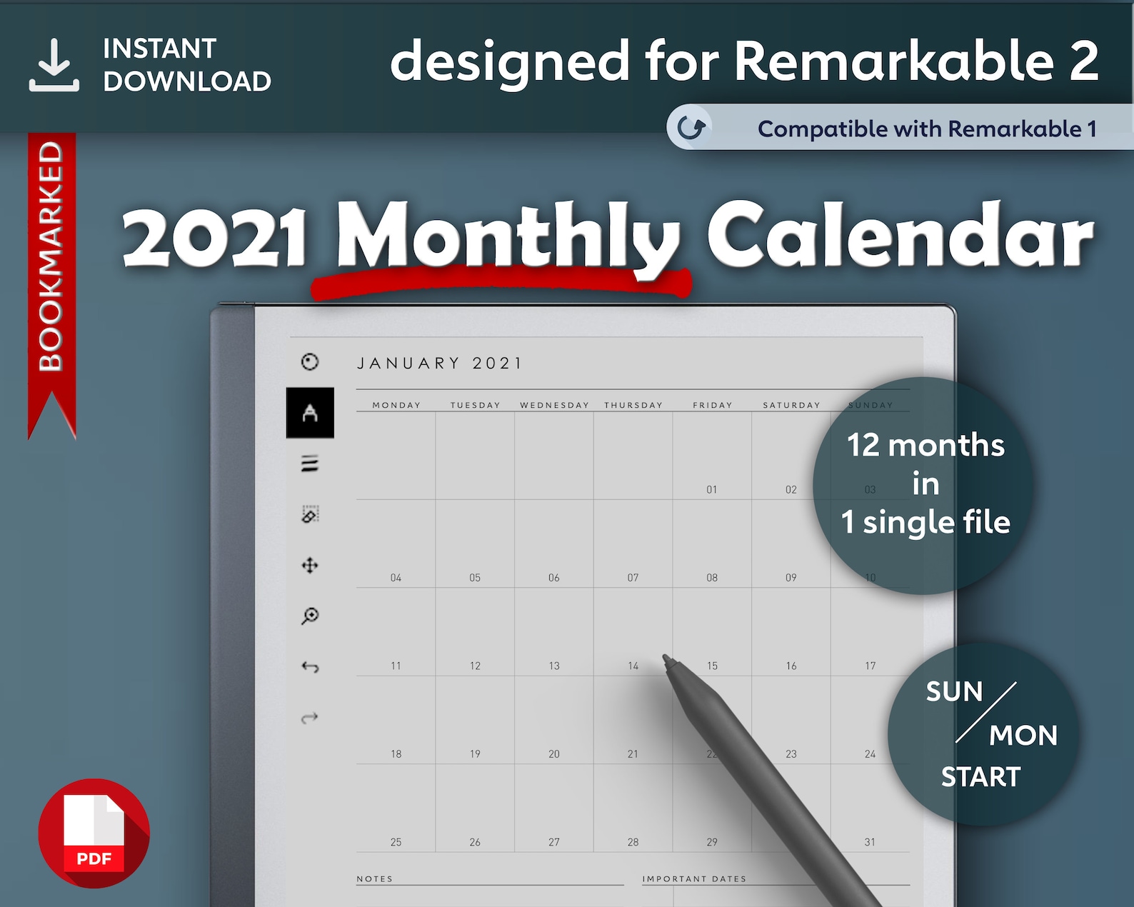 Remarkable 2 Calendar Template Free