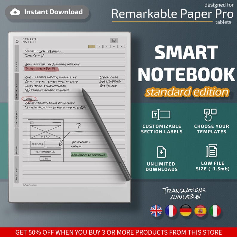 Smart Notebook for Remarkable Paper Pro Tablets, Eink Templates ...