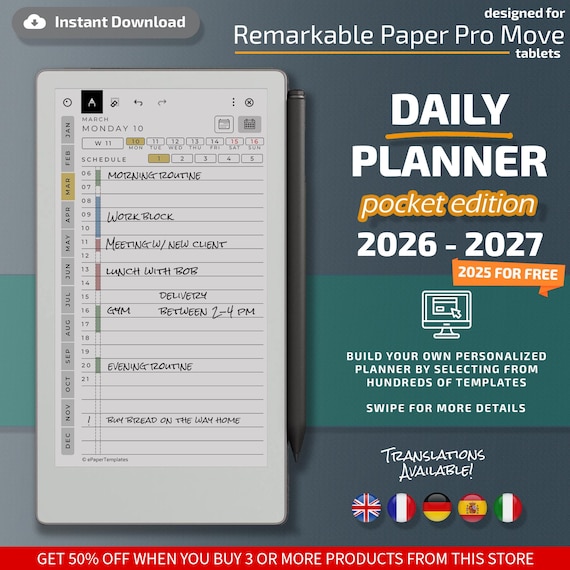 Daily Planner for Remarkable Paper Pro Move tablets, eInk templates, hyperlinked PDF, calendar, agenda