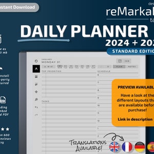 reMarkable 2 Daily Planner Standard Edition, 2024, 2025, remarkable templates, calendar