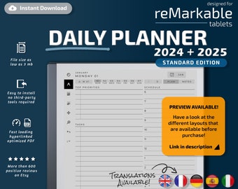 reMarkable 2 Daily Planner Standard Edition, 2024, 2025, remarkable templates, calendar