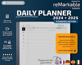 reMarkable 2 Daily Planner Standard Edition, 2024, 2025, bemerkenswerte Vorlagen, Kalender