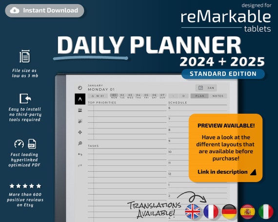 Remarkable 2 Daily Planner Standard Edition, 2024, 2025, Remarkable  Templates, Calendar 