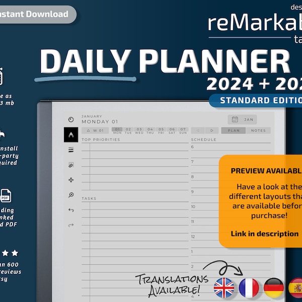 reMarkable 2 Daily Planner Standard Edition, 2024, 2025, remarkable templates, calendar