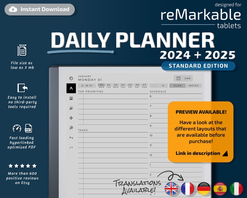 reMarkable 2 Daily Planner Standard Edition, 2024, 2025, niezwykłe szablony, kalendarz zdjęcie 1