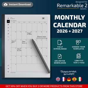 Monthly Calendar for Remarkable tablets, eInk templates, hyperlinked PDF, calendar, agenda