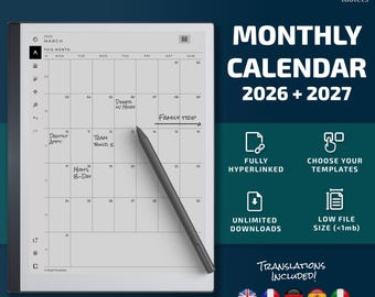 Monthly Calendar for Remarkable tablets, eInk templates, hyperlinked PDF, calendar, agenda