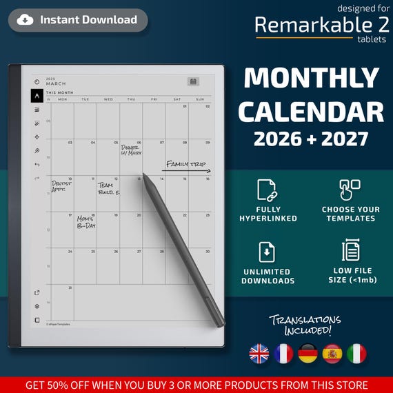Monthly Calendar for Remarkable tablets, eInk templates, hyperlinked PDF, calendar, agenda