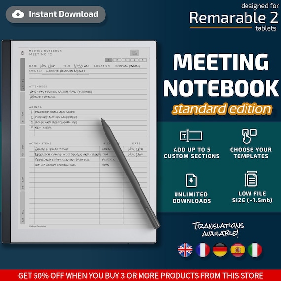 Meeting Notebook for Remarkable tablets, eInk templates, hyperlinked PDF, meeting notes