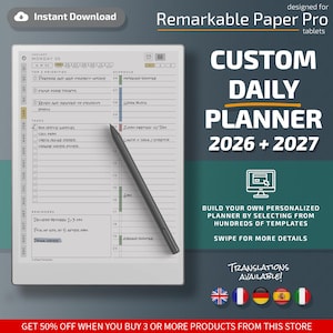 Agenda quotidien pour tablettes Remarkable Paper Pro, modèles eInk, PDF avec liens hypertexte, calendrier, agenda