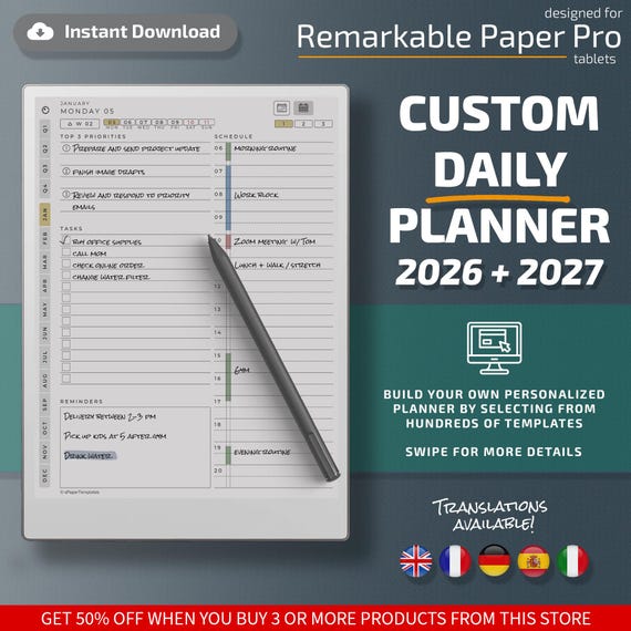 Daily Planner for Remarkable Paper Pro tablets, eInk templates, hyperlinked PDF, calendar, agenda