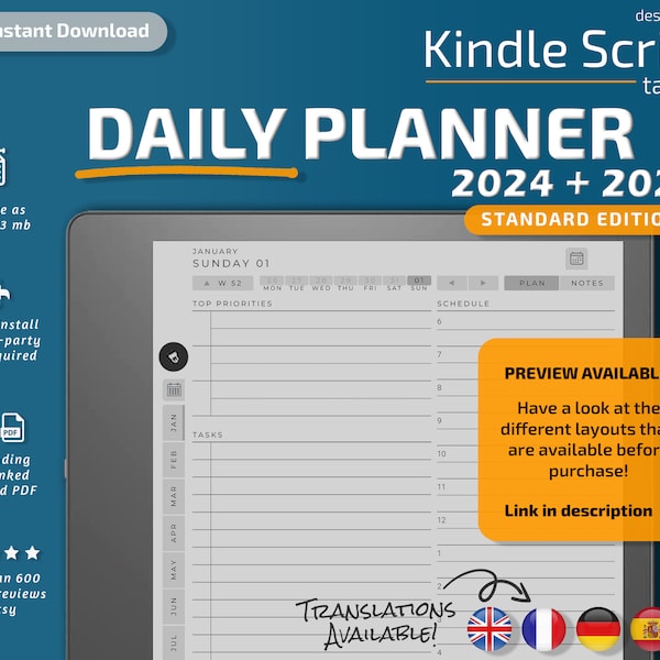 Agenda quotidien Kindle Scribe, 2024, 2025, modèles Kindle Scribe, calendrier, agenda, hebdomadaire