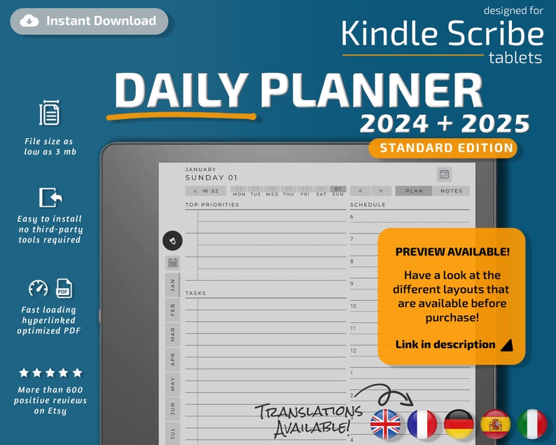Kindle Scribe Daily Planner, 2024, 2025, kindle scribe templates, calendar, agenda, weekly image 1