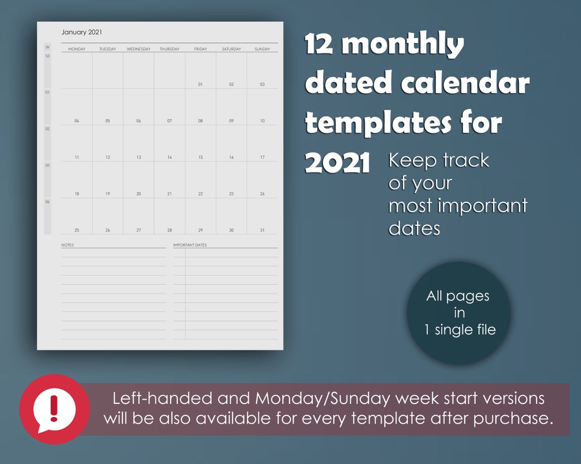 ReMarkable 2 2021 Monthly Calendar 12 Monthly Templates | Etsy