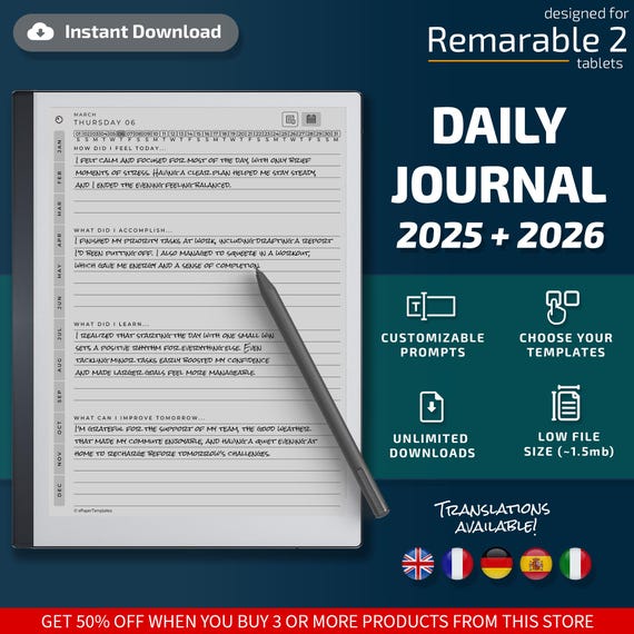 Daily Journal for Remarkable tablets, eInk templates, hyperlinked PDF, calendar, agenda