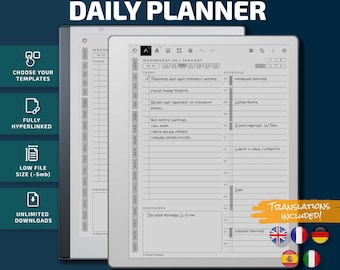 Daily Planner for Remarkable Paper Pure, templates, hyperlinked PDF, calendar, agenda