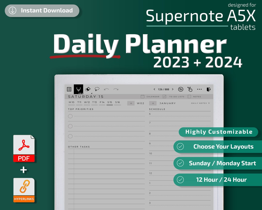 Supernote A5/A5X Daily Planner, 2023, 2024, Supernote Templates, Calendar Etsy