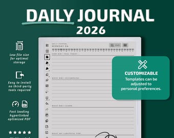 Daily Journal for Supernote tablets, eInk templates, hyperlinked PDF, calendar, agenda