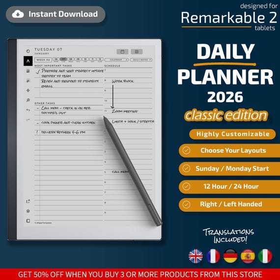 Daily Planner for Remarkable 2 Classic Edition, Templates for Remarkable 2